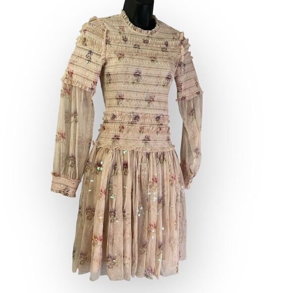 Needle & Thread Sequin Mini Dress with Sheer Sleeves in Dusty Mauve Pink Floral - Picture 7 of 15